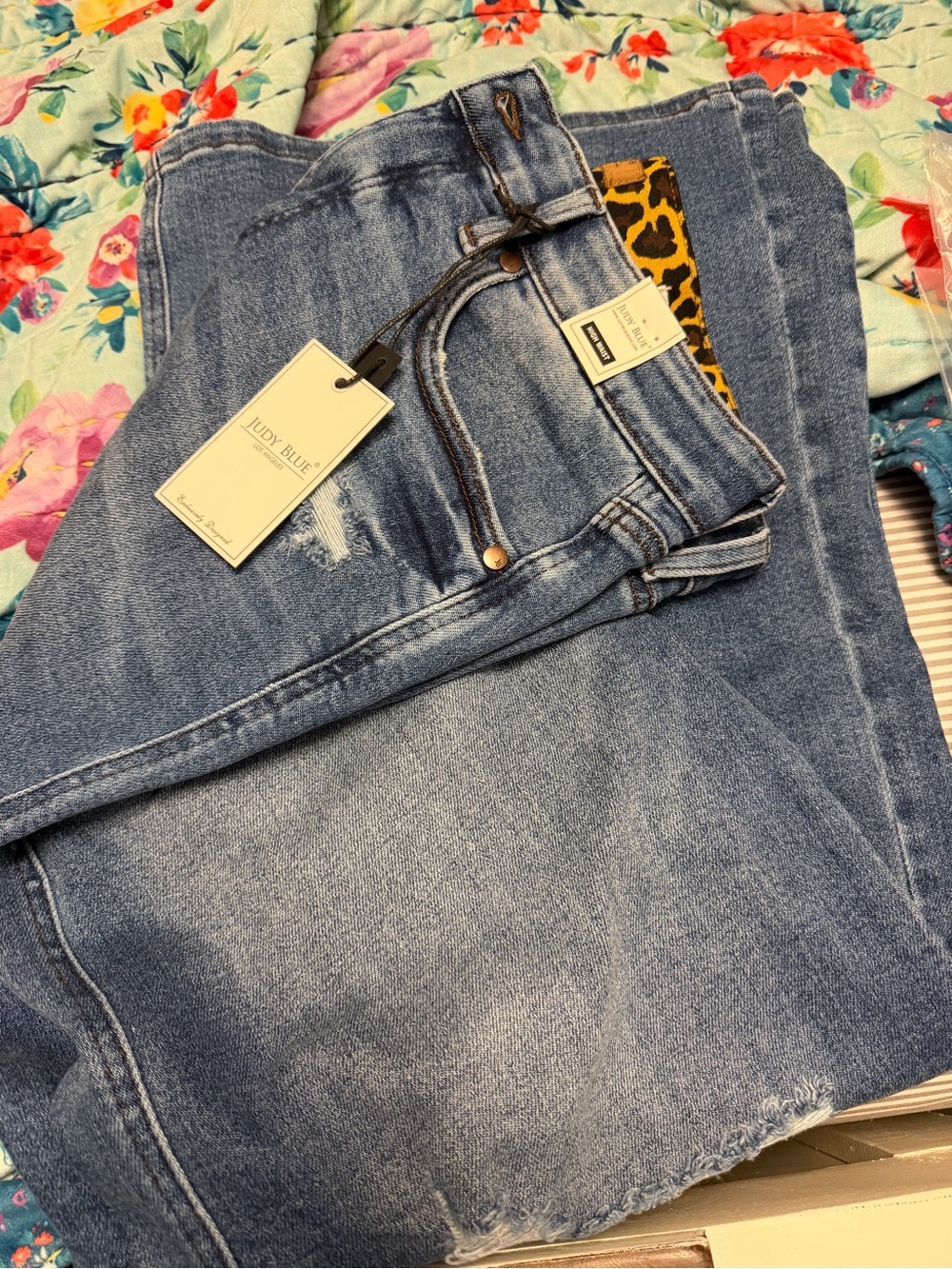 Judy Blue Medium Blue High-Rise Distressed Jeans with Leopard Trim